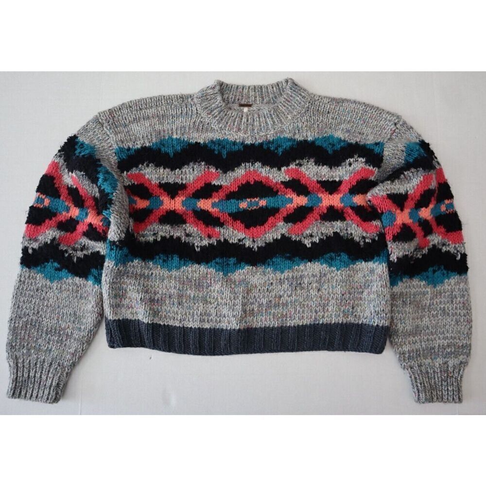 Free People OB710276 Women Sz XS Gray Multi I Heart You Cropped Knit Sweater